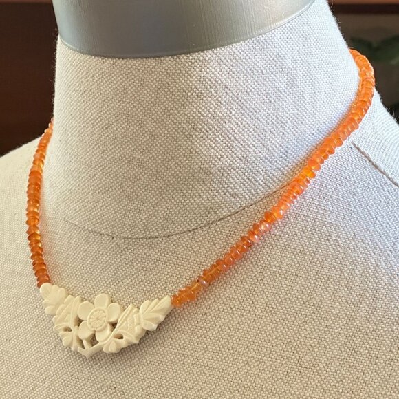 Vintage Carved Celluloid Flower Necklace, Orange Glass Beads, 17" Barrel Clasp - Picture 4 of 7